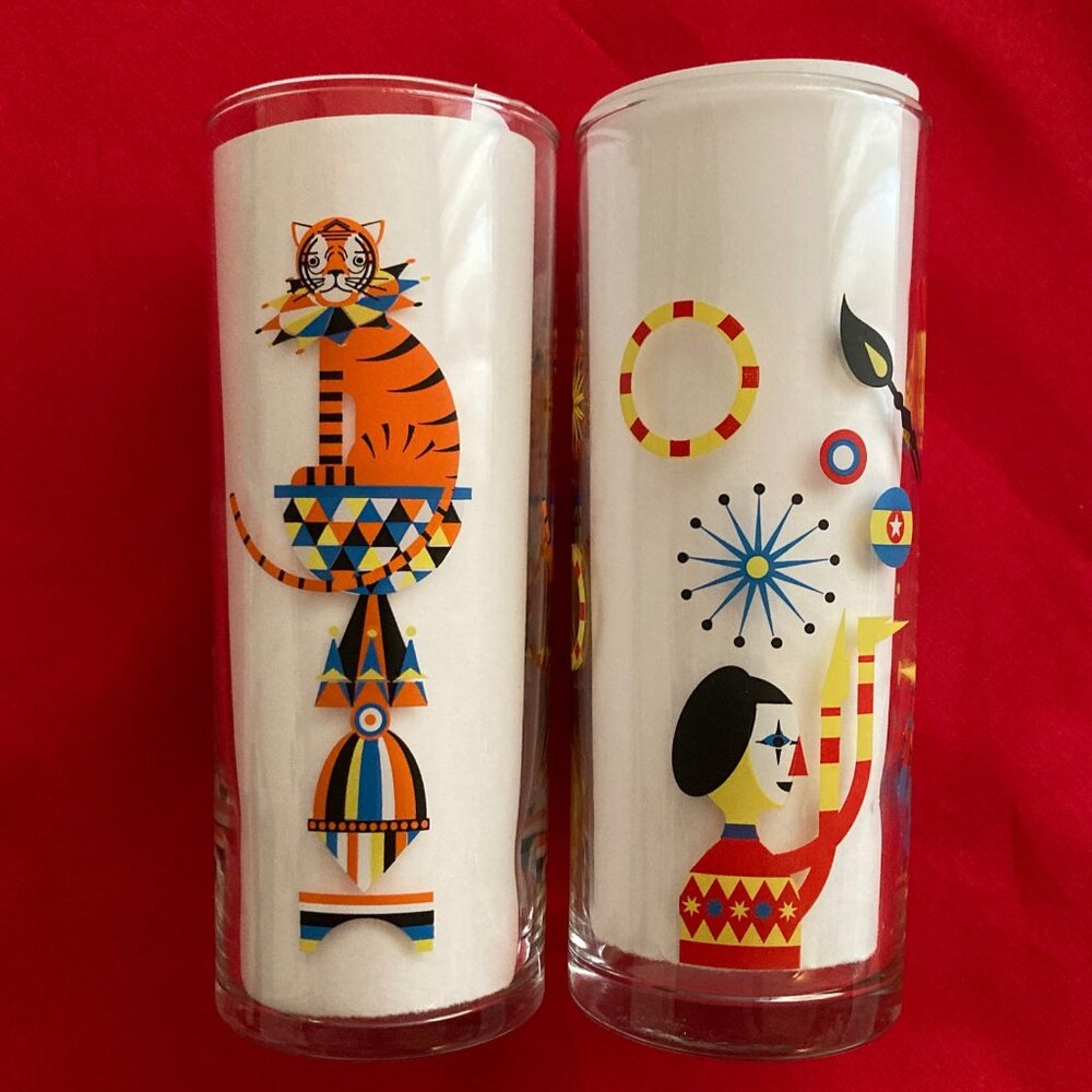 VTG MCM Libbey Circus Glasses : Juggler Clowns + Tigers  Ex Cond! 🤡 🎪🐯 - Picture 3 of 8